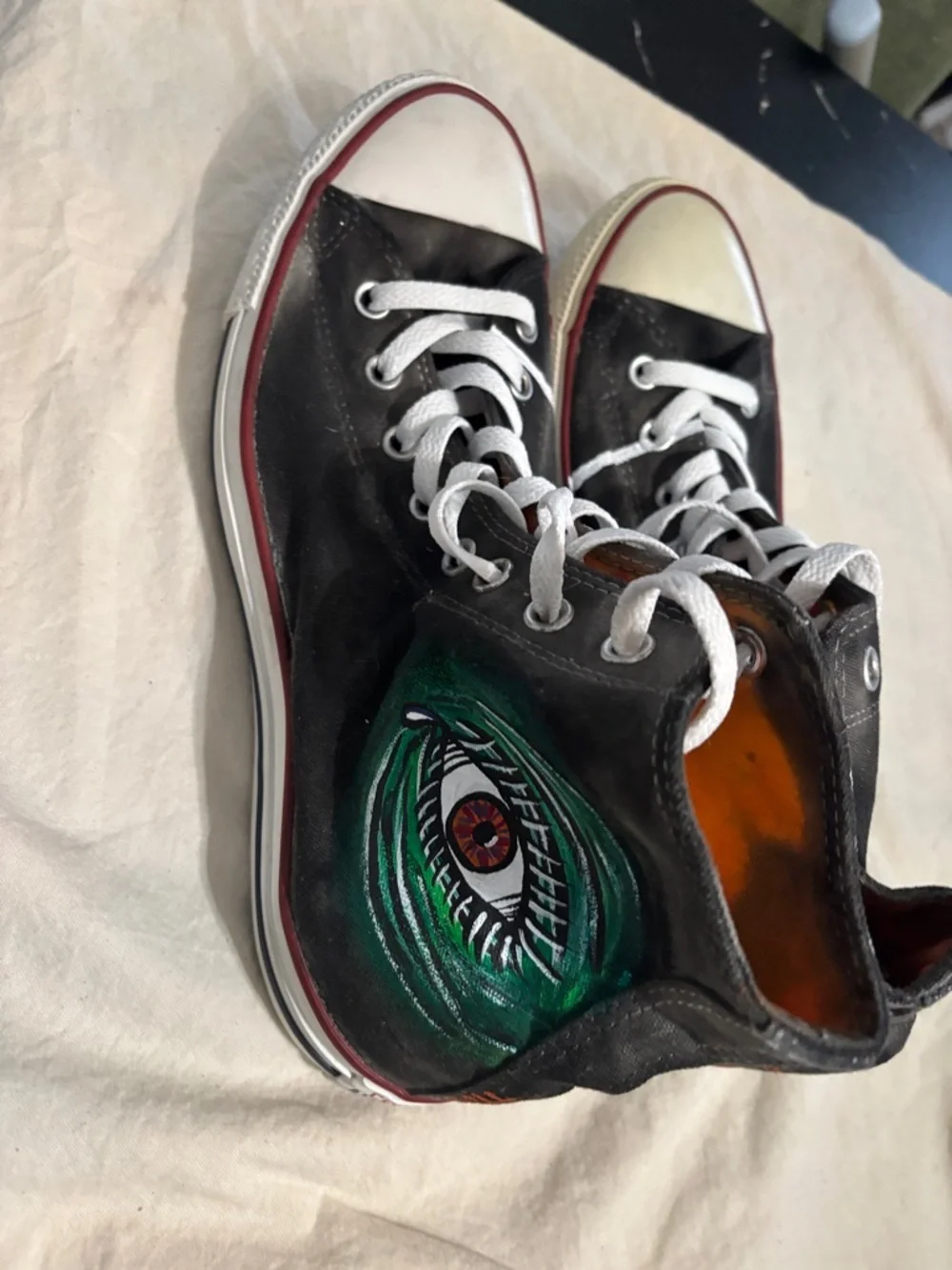 Converse Black High Top Sneakers with Hand-Painted Green & Blue Eye Art - Picture 5 of 6